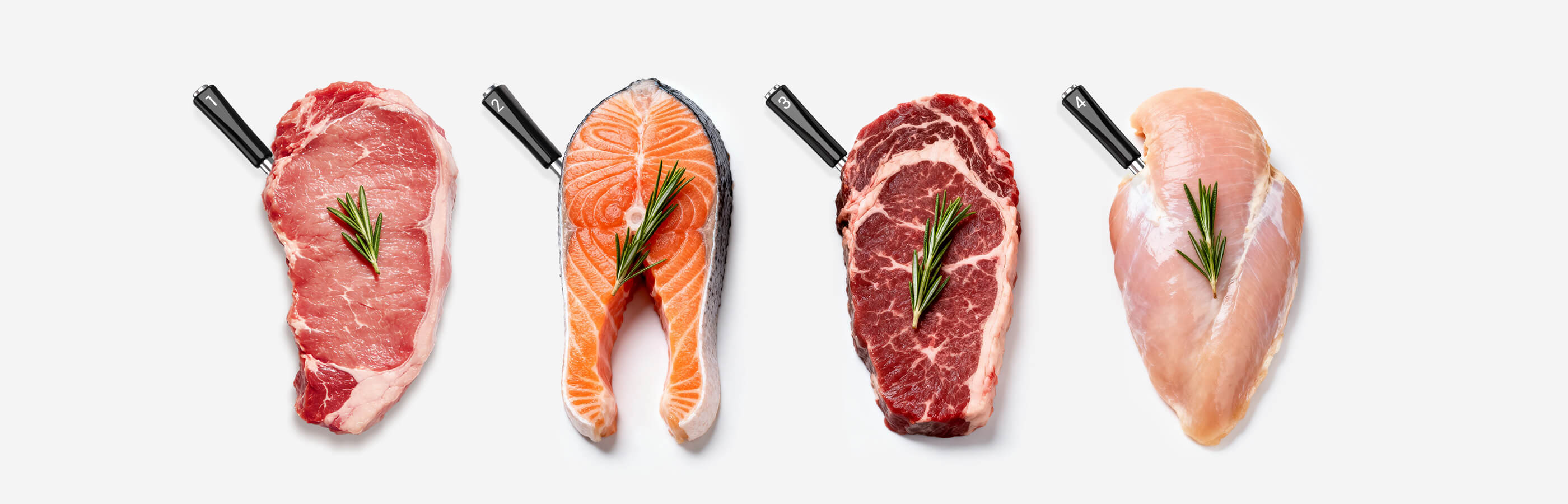 INT-14-BW Wireless Meat Probes Inserting in Four Proteins for Four Temps