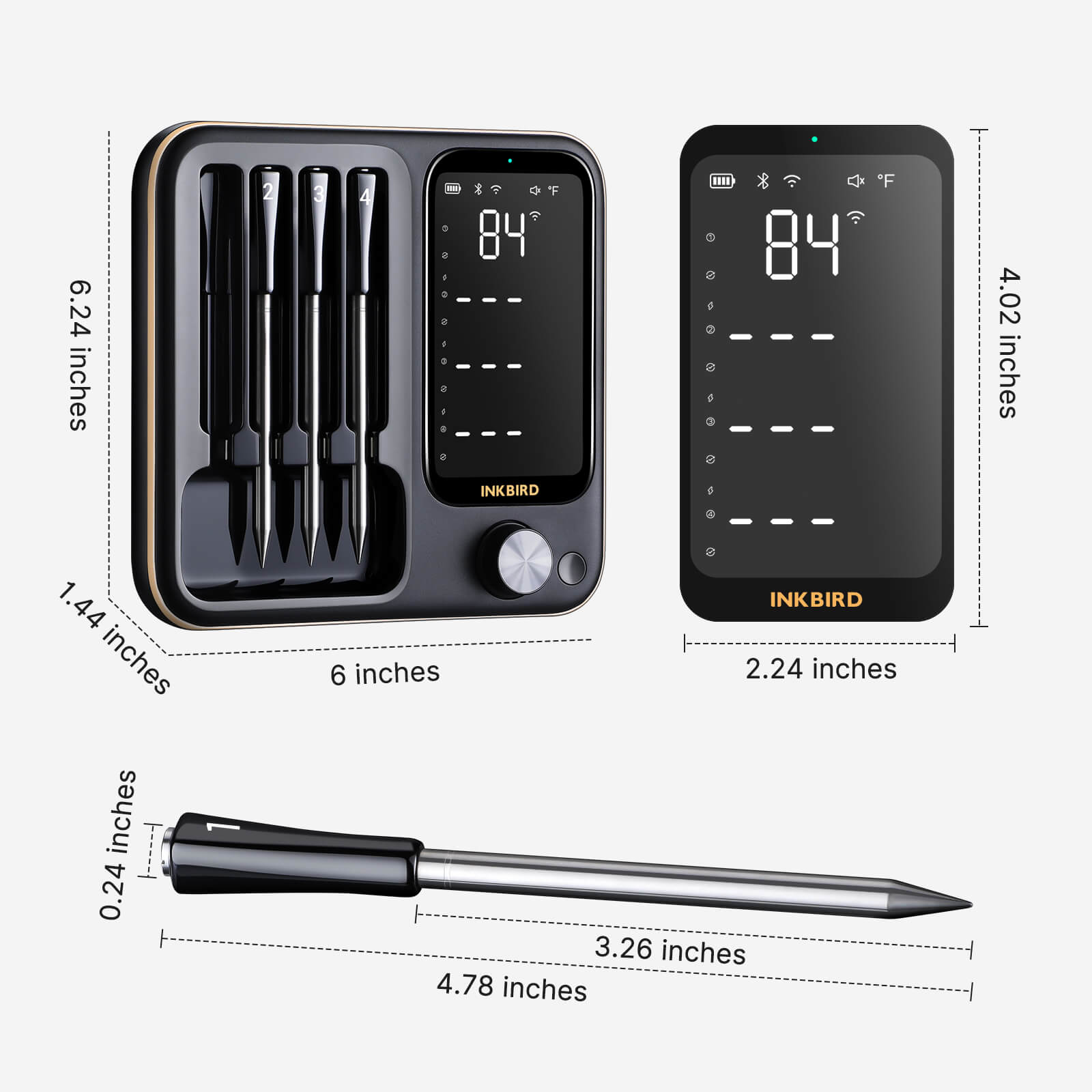 INT-14-BW Wireless Thermometer Base Screen and Probe Dimension