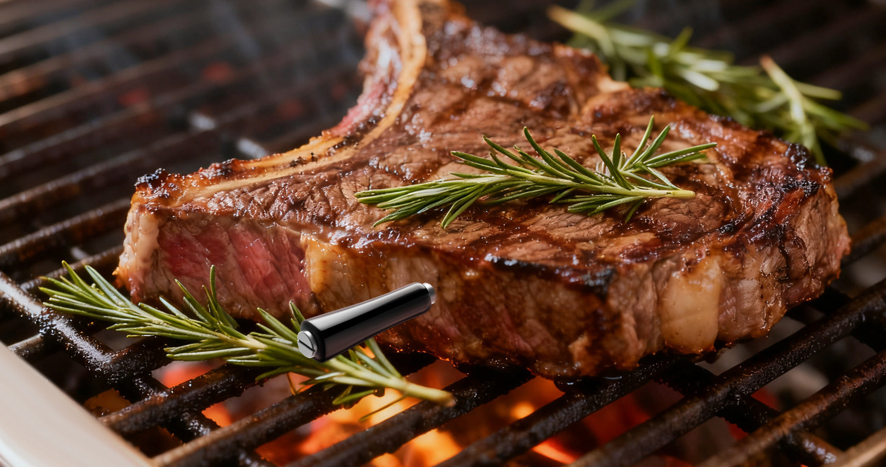 Wireless Grill Thermometer in Steak on the Grate