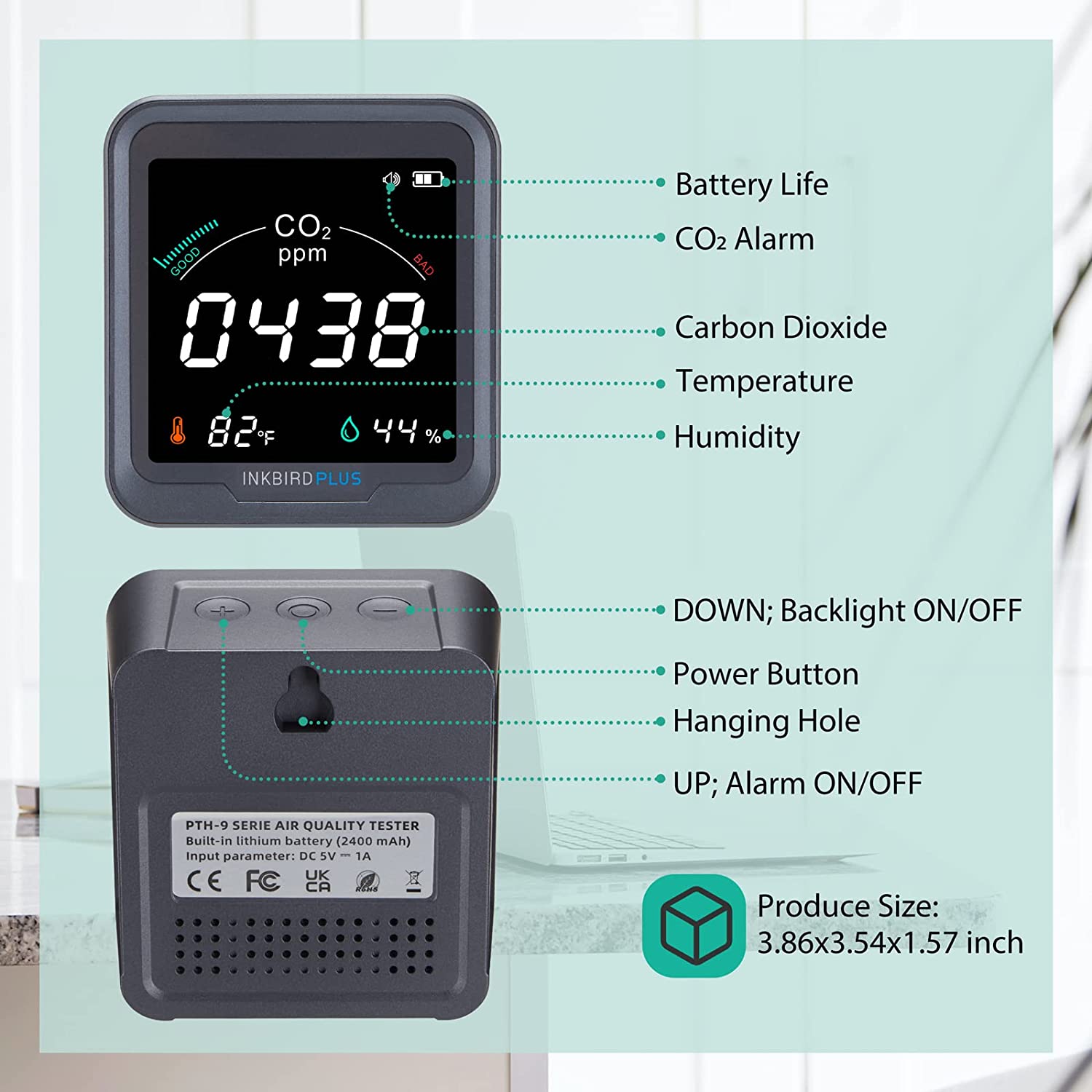 Digital 3 - in - 1 CO2 Detector PTH - 9C - INKBIRD