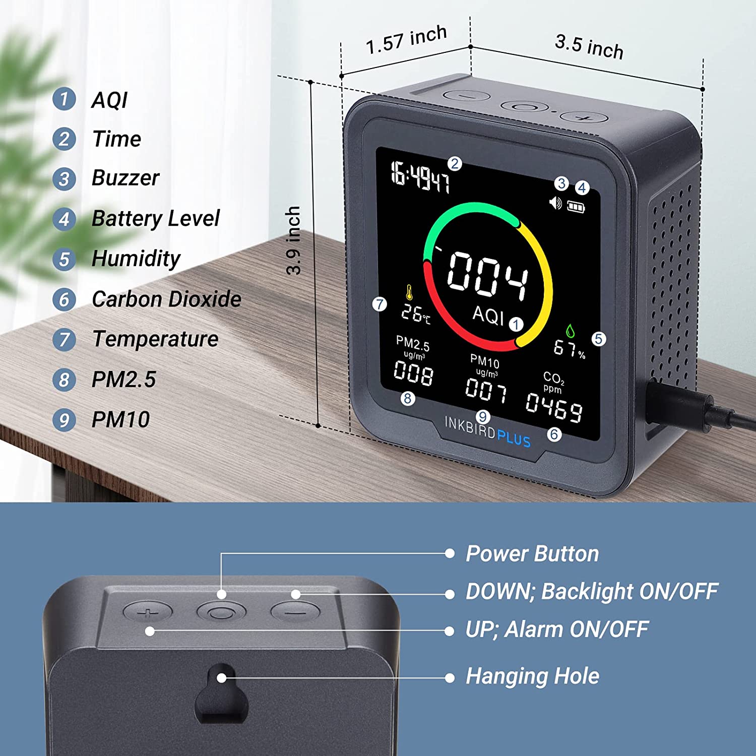 Digital 6-in-1 CO2 Detector PTH-9A Dimension Overview