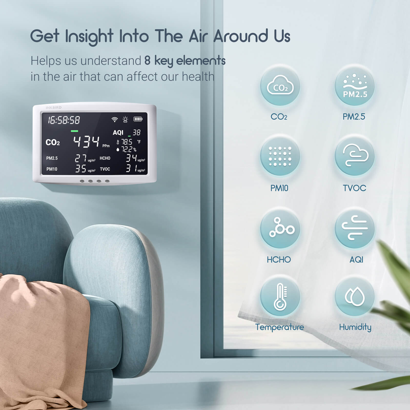 Wireless 8 - in - 1 Air Quality Monitor IAQM - 128W - INKBIRD