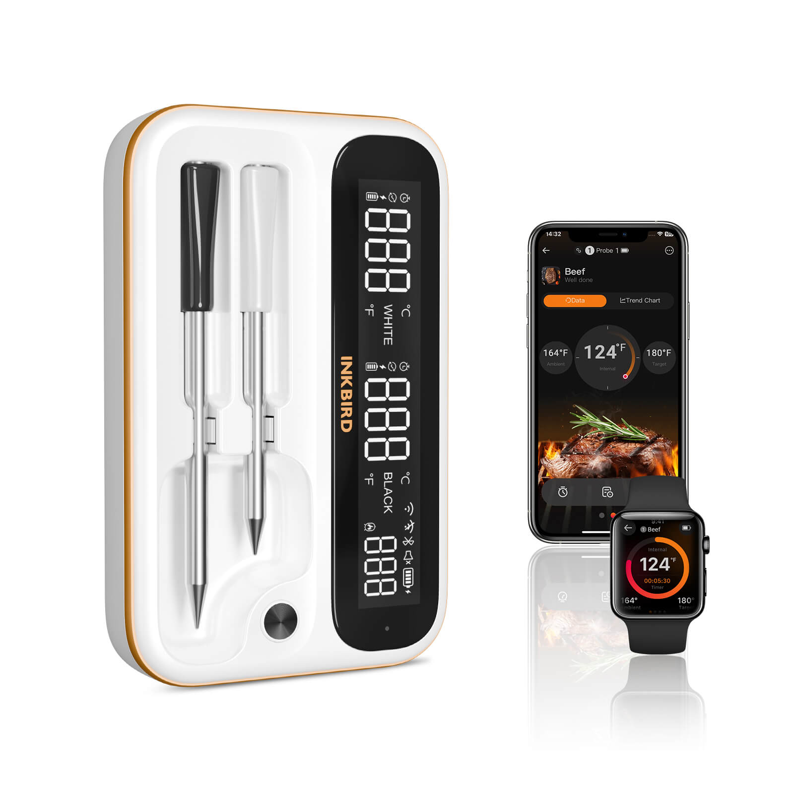 INT-12-BW White Thermometer with Phone and Apple Watch