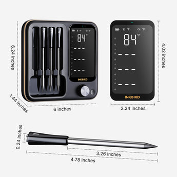 INT-14-BW Wireless Thermometer Base Screen and Probe Dimension