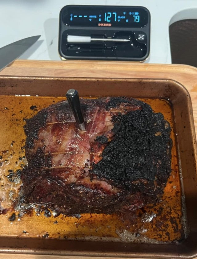 Roasted Brisket on Baking Sheet with INT-12-BW Probe Inserted and Base on the Table