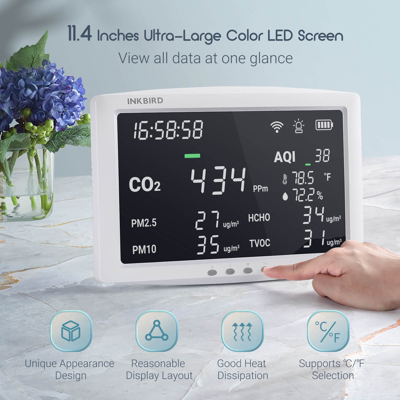Wireless 8 - in - 1 Air Quality Monitor IAQM - 128W - INKBIRD